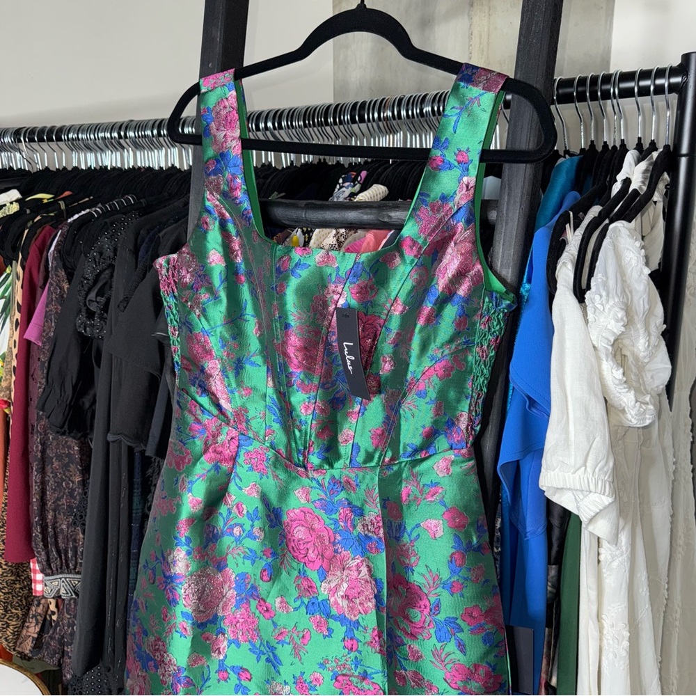 Lulus Compelling Drama Green Floral Jacquard Lurex Bustier Mini Dress Medium New - Picture 7 of 15